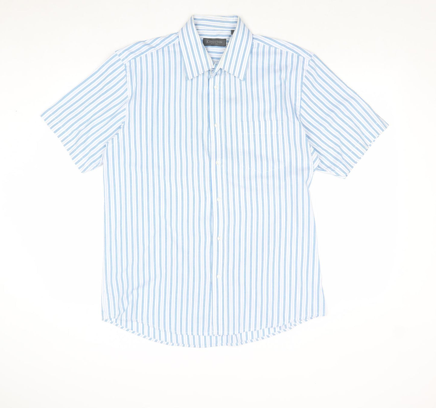 Kingston Mens Blue Striped Cotton Dress Shirt Size L Collared Button