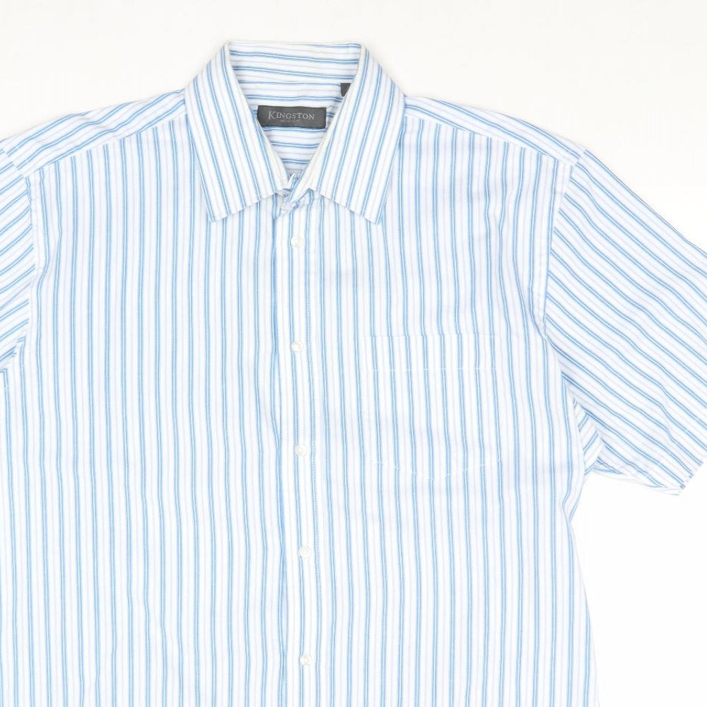 Kingston Mens Blue Striped Cotton Dress Shirt Size L Collared Button