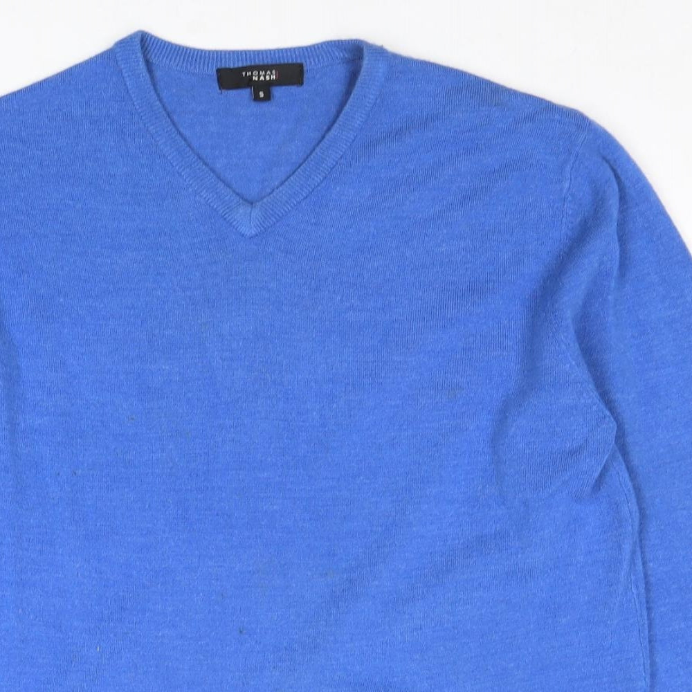 Thomas Nash Mens Blue V-Neck Acrylic Pullover Jumper Size S Long Sleeve