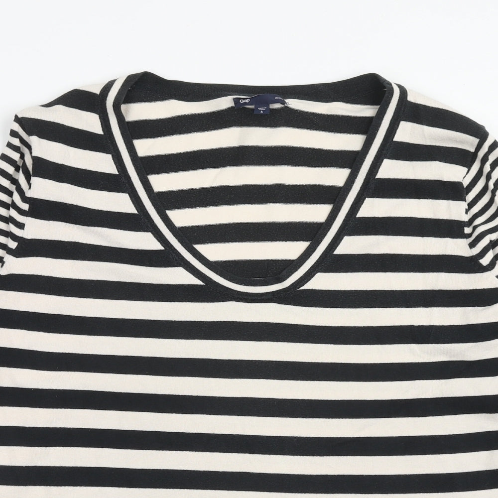 Gap Womens Ivory Striped Cotton Basic T-Shirt Size L V-Neck