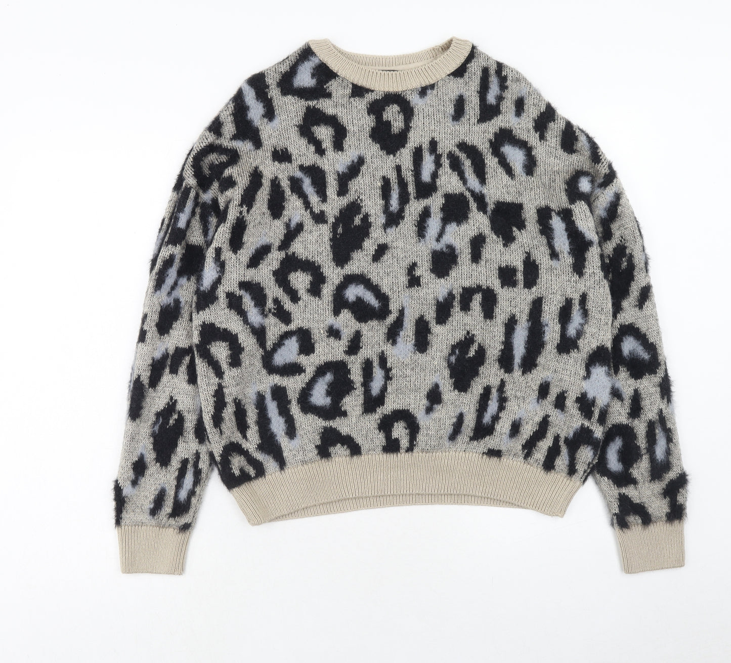 New Look Womens Brown Round Neck Animal Print Polyamide Pullover Jumper Size S - Leopard Pattern