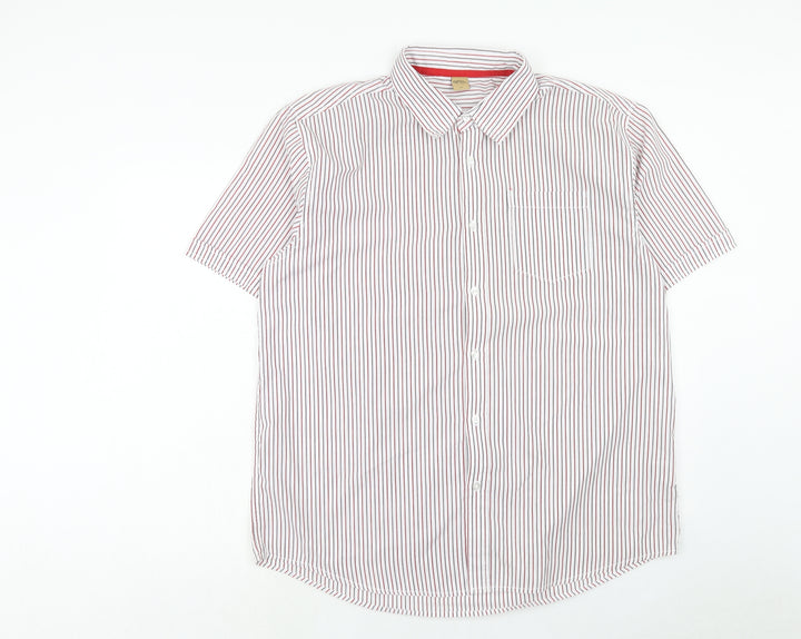 Oak Valley Mens White Striped Polyester Button-Up Size XL Collared Button