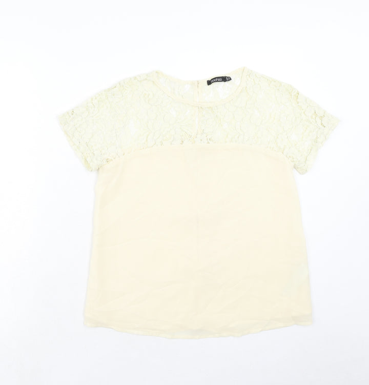 Boohoo Womens Beige Polyester Basic T-Shirt Size 10 Round Neck - Lace Neckline