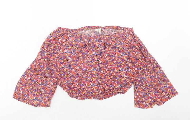 FOREVER 21 Womens Pink Floral Viscose Basic Blouse Size L Off the Shoulder