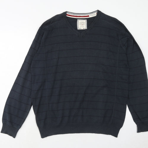 Sand Stone Mens Blue V-Neck Striped Cotton Pullover Jumper Size L Long Sleeve