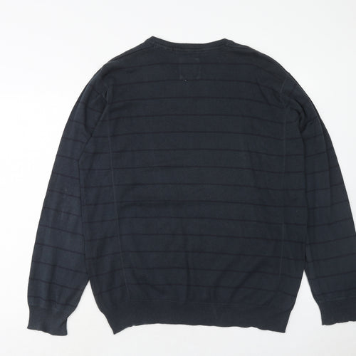 Sand Stone Mens Blue V-Neck Striped Cotton Pullover Jumper Size L Long Sleeve