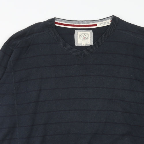Sand Stone Mens Blue V-Neck Striped Cotton Pullover Jumper Size L Long Sleeve