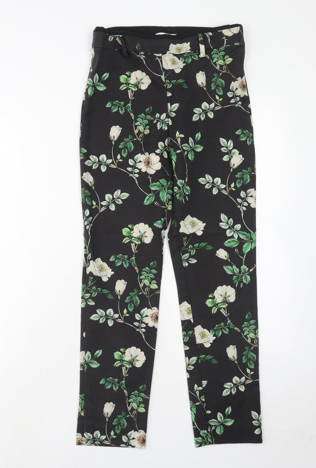 H&M Womens Black Floral Cotton Trousers Size 10 Regular Zip