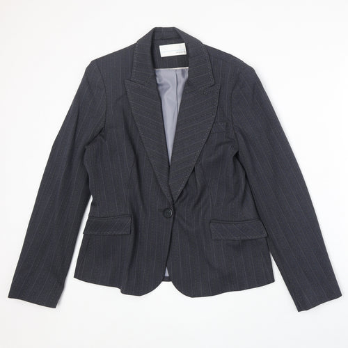 AMARANTO Womens Blue Striped Polyester Jacket Blazer Size 14