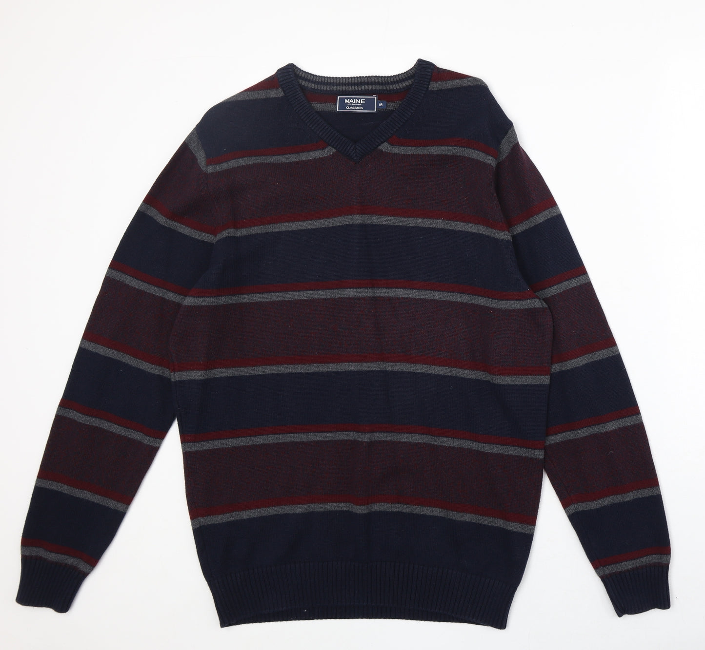 Maine Mens Multicoloured V-Neck Striped Cotton Pullover Jumper Size M Long Sleeve