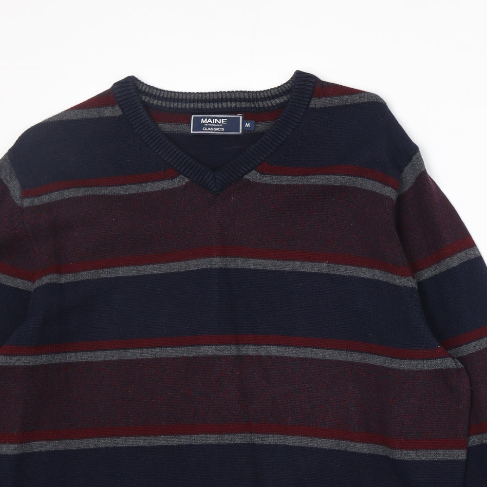 Maine Mens Multicoloured V-Neck Striped Cotton Pullover Jumper Size M Long Sleeve