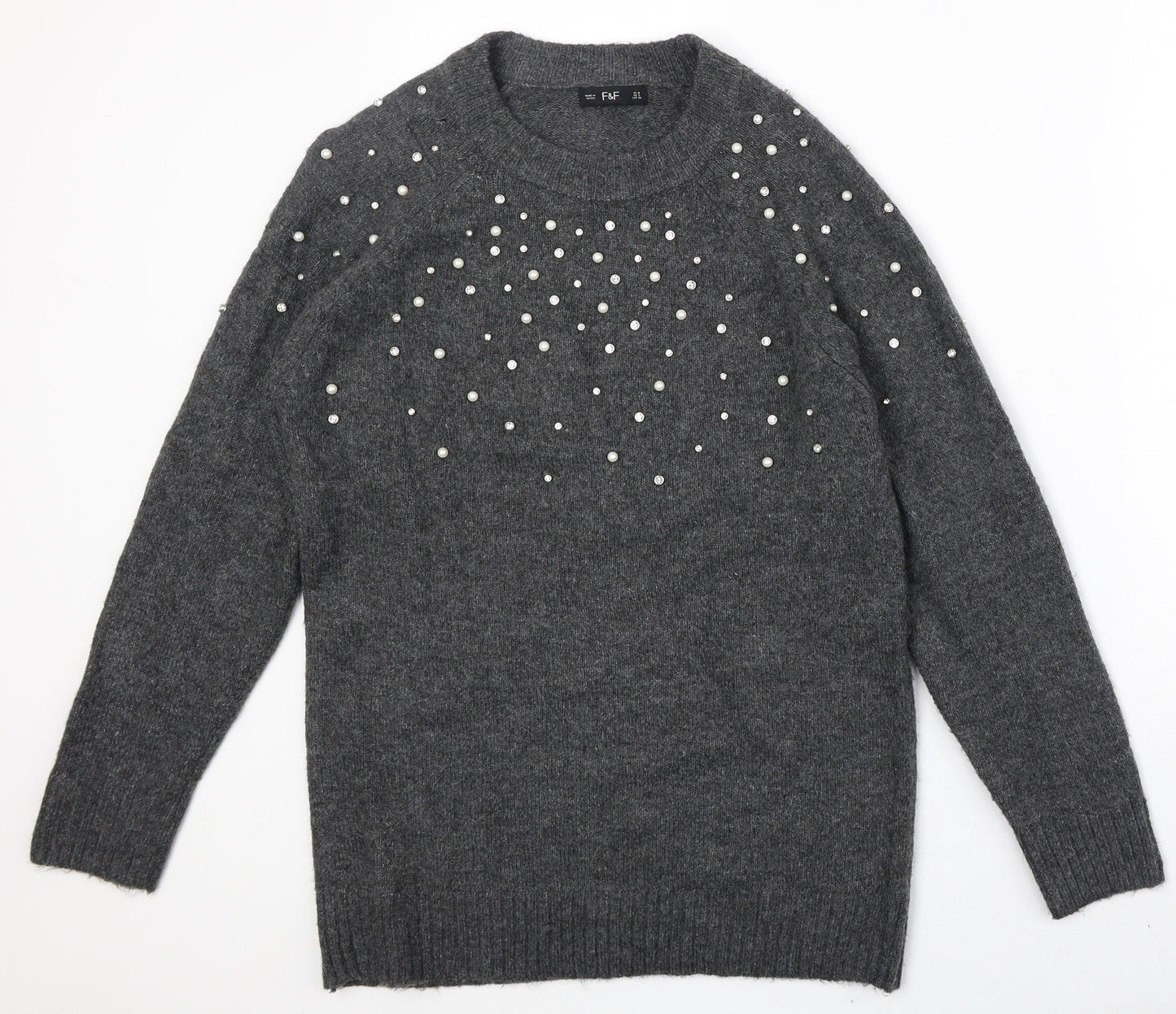 F&F Womens Grey Round Neck Acrylic Pullover Jumper Size 8