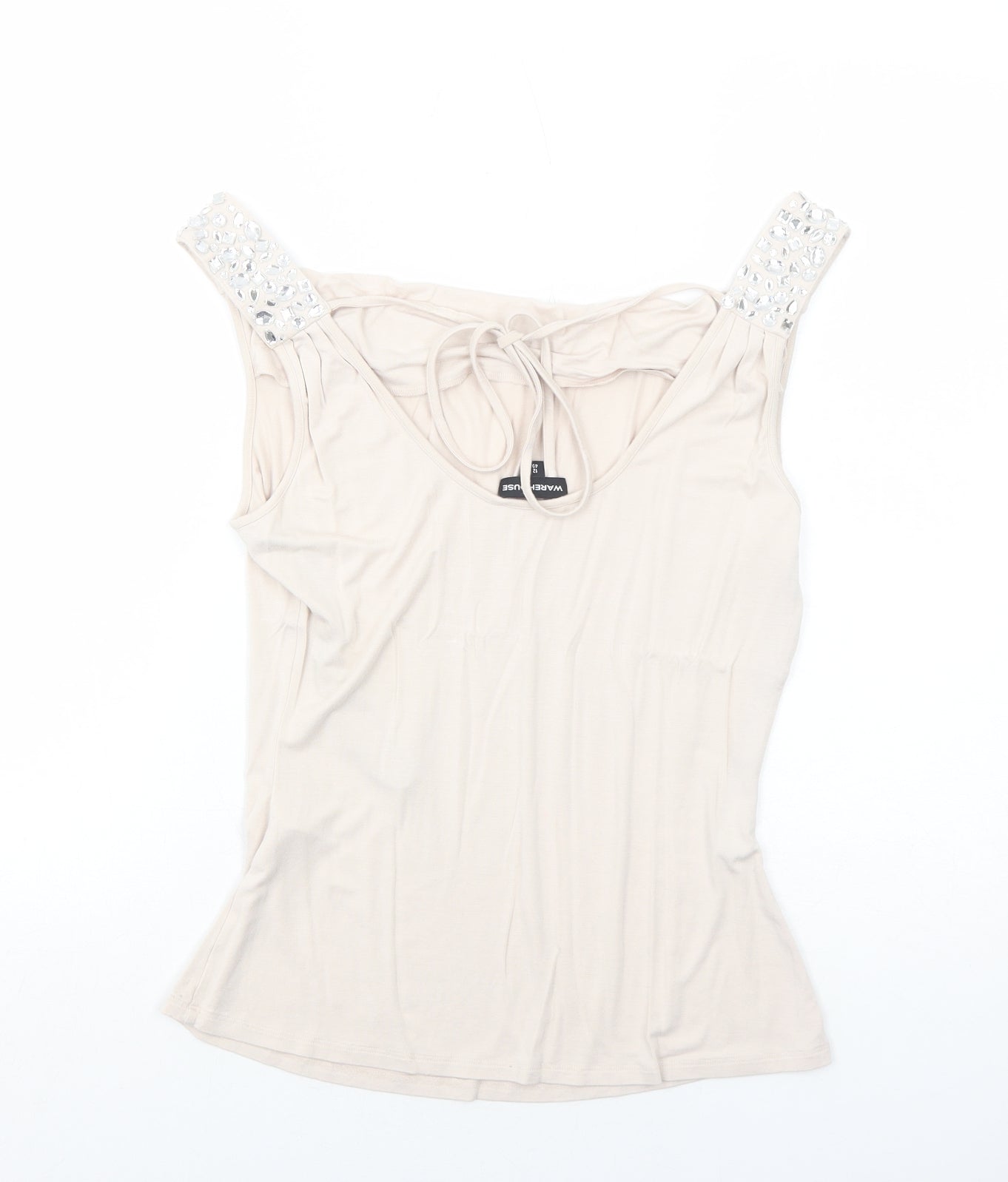 Warehouse Womens Beige Viscose Basic Tank Size 12 Round Neck