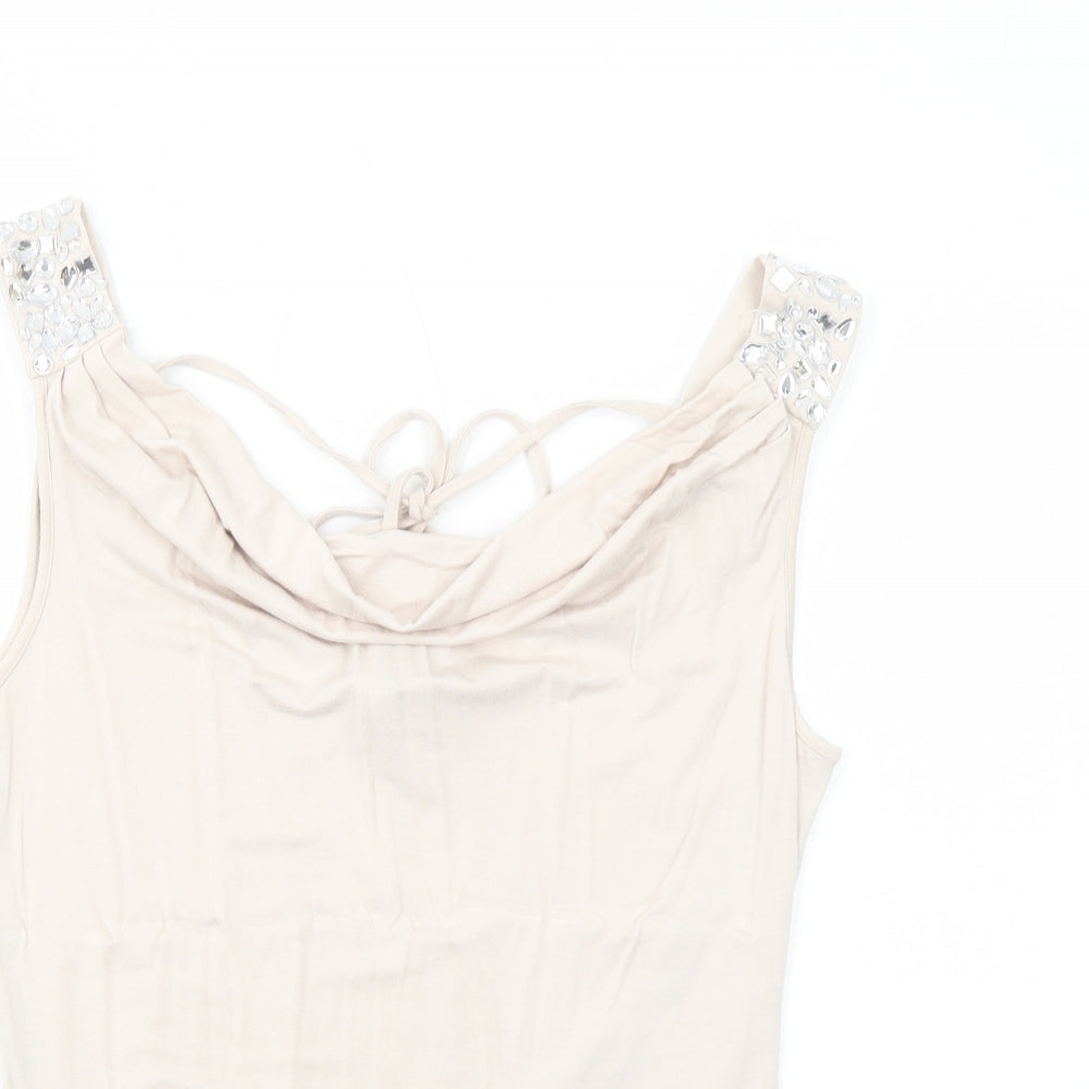 Warehouse Womens Beige Viscose Basic Tank Size 12 Round Neck