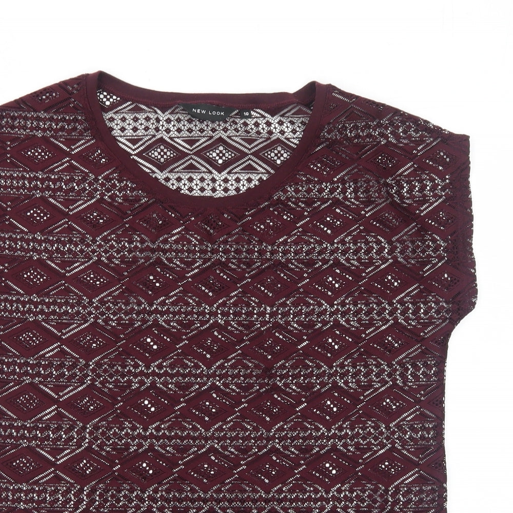 New Look Womens Purple Geometric Polyester Basic T-Shirt Size 10 Round Neck