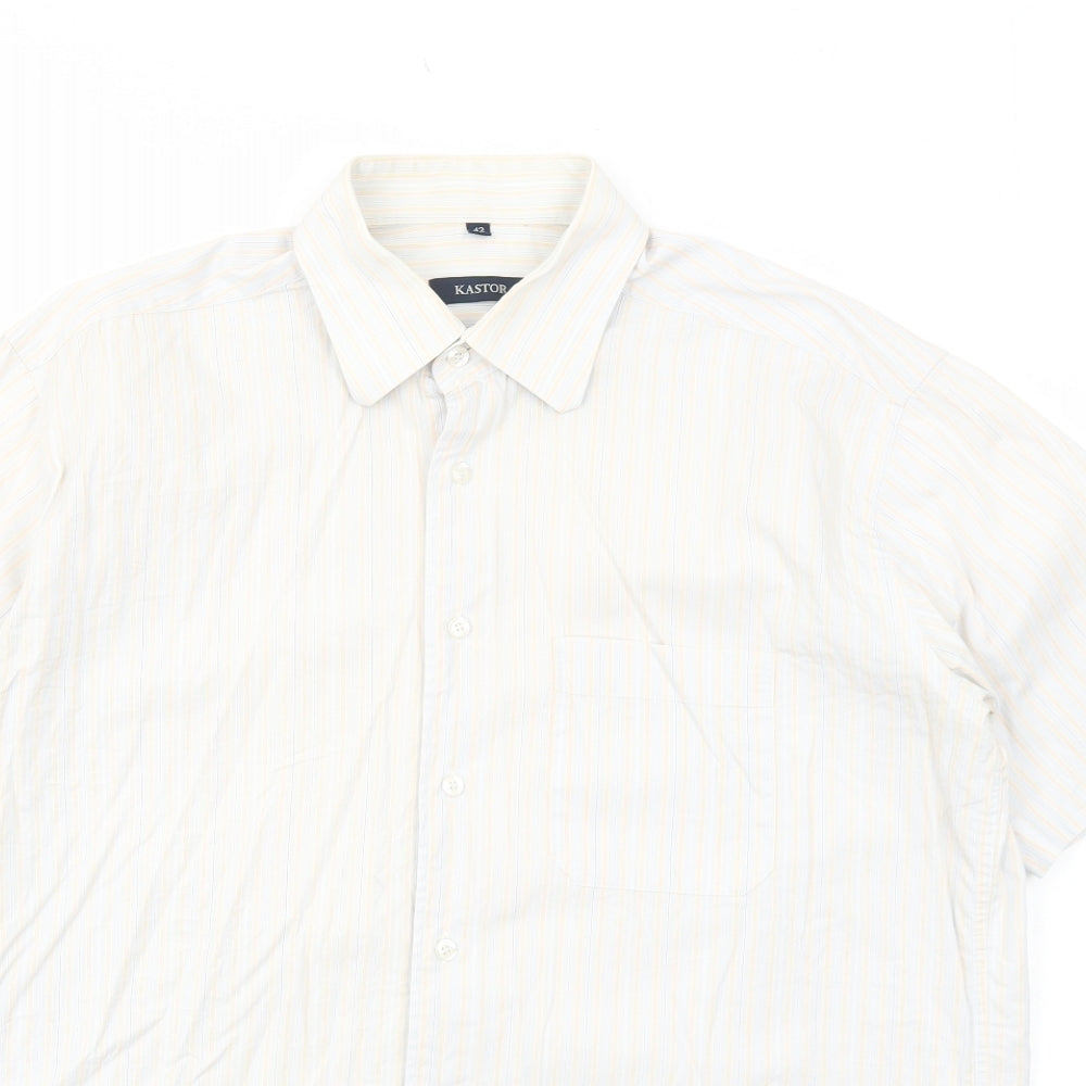 Kastor Mens White Striped Cotton Button-Up Size 42 Collared Button