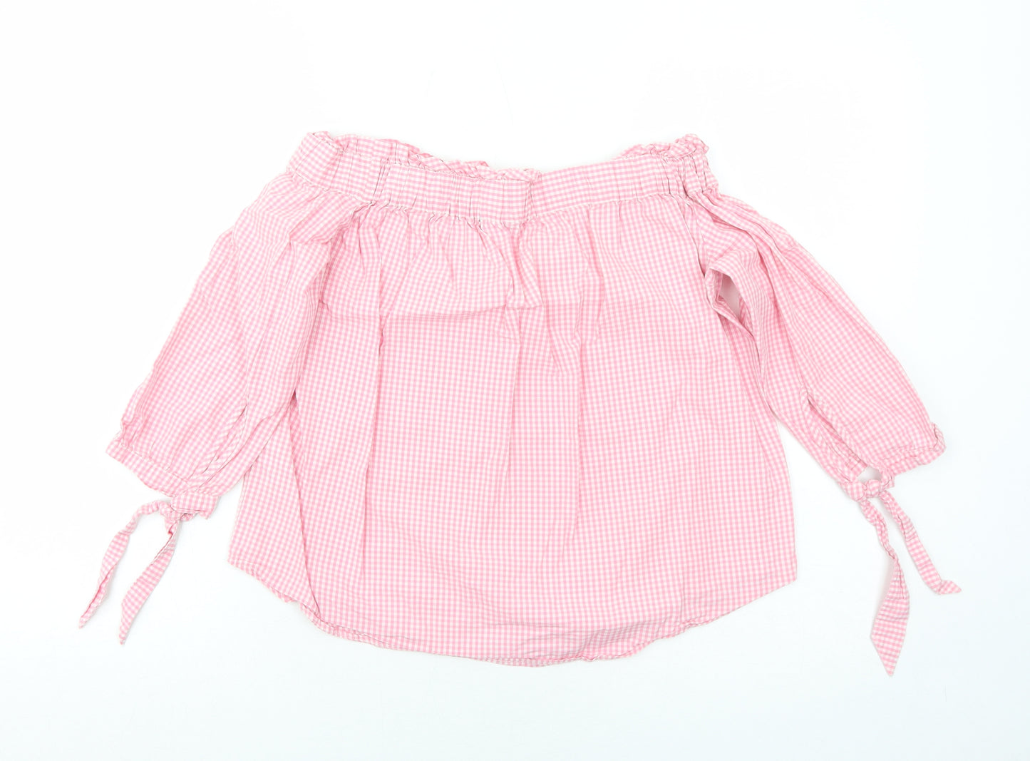 H&M Womens Pink Check Cotton Basic Blouse Size 12 Off the Shoulder