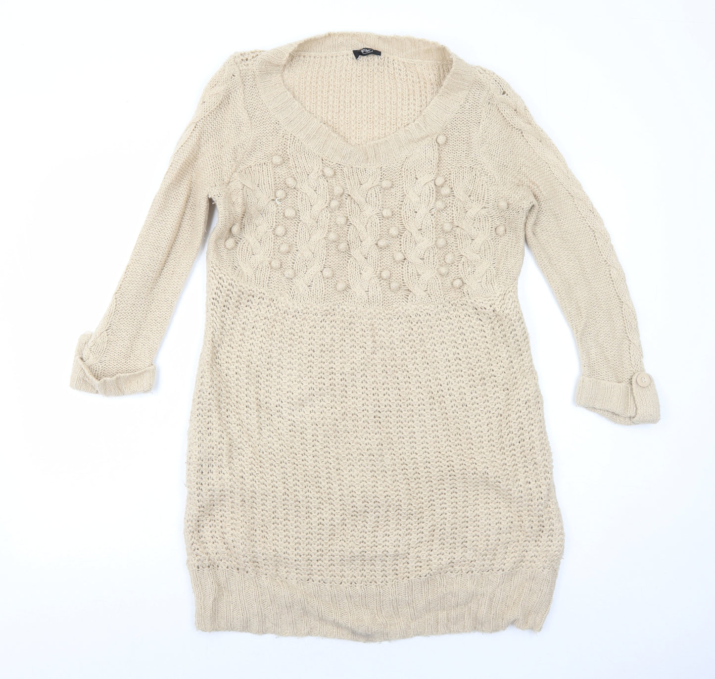 F&F Womens Beige Acrylic Jumper Dress Size 14 Round Neck Pullover