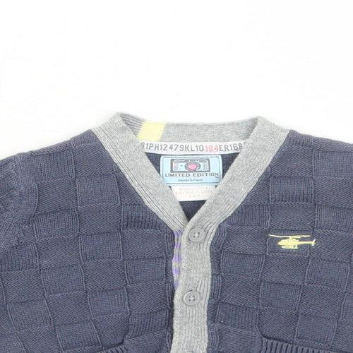 mamas & papas Boys Blue Cotton Cardigan Jumper Size 3-6 Months Button - Helicopter