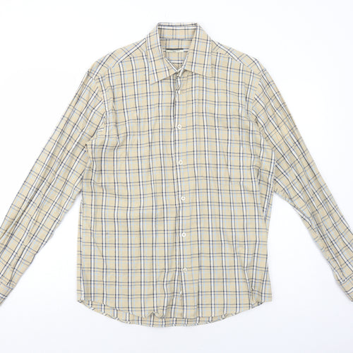 Dunnes Stores Mens Beige Plaid Cotton Button-Up Size S Collared Button