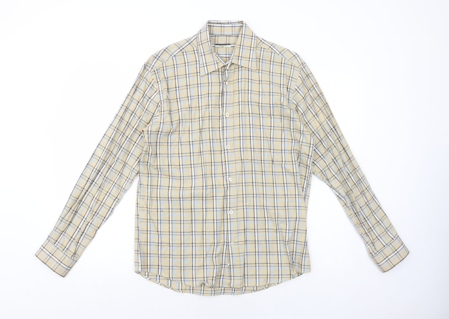 Dunnes Stores Mens Beige Plaid Cotton Button-Up Size S Collared Button