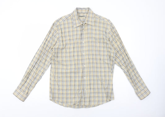 Dunnes Stores Mens Beige Plaid Cotton Button-Up Size S Collared Button