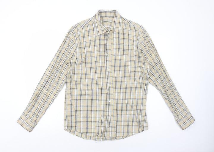 Dunnes Stores Mens Beige Plaid Cotton Button-Up Size S Collared Button