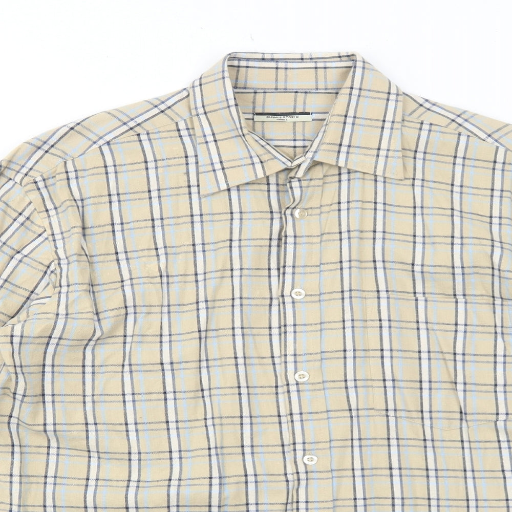 Dunnes Stores Mens Beige Plaid Cotton Button-Up Size S Collared Button
