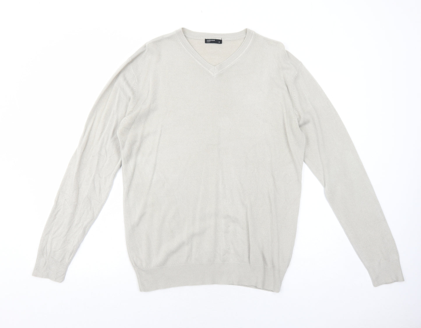 Cedar Wood State Mens Beige V-Neck Acrylic Pullover Jumper Size M Long Sleeve