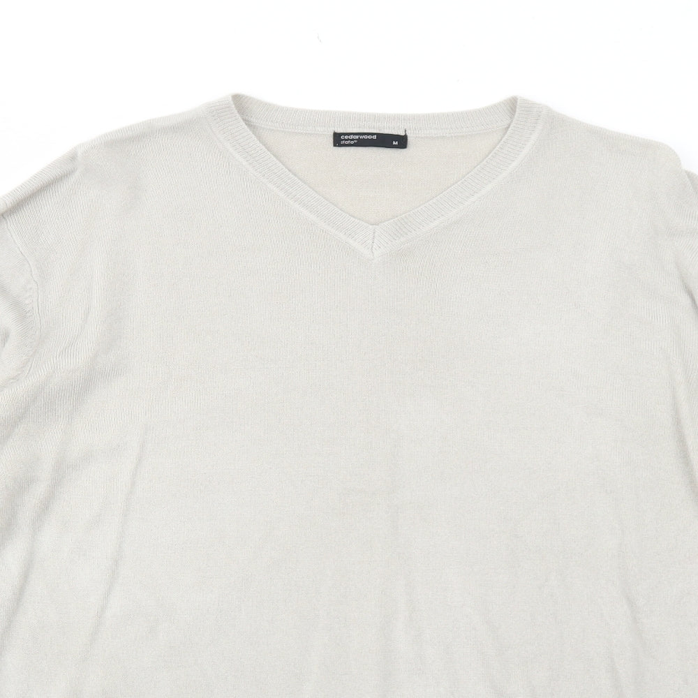 Cedar Wood State Mens Beige V-Neck Acrylic Pullover Jumper Size M Long Sleeve