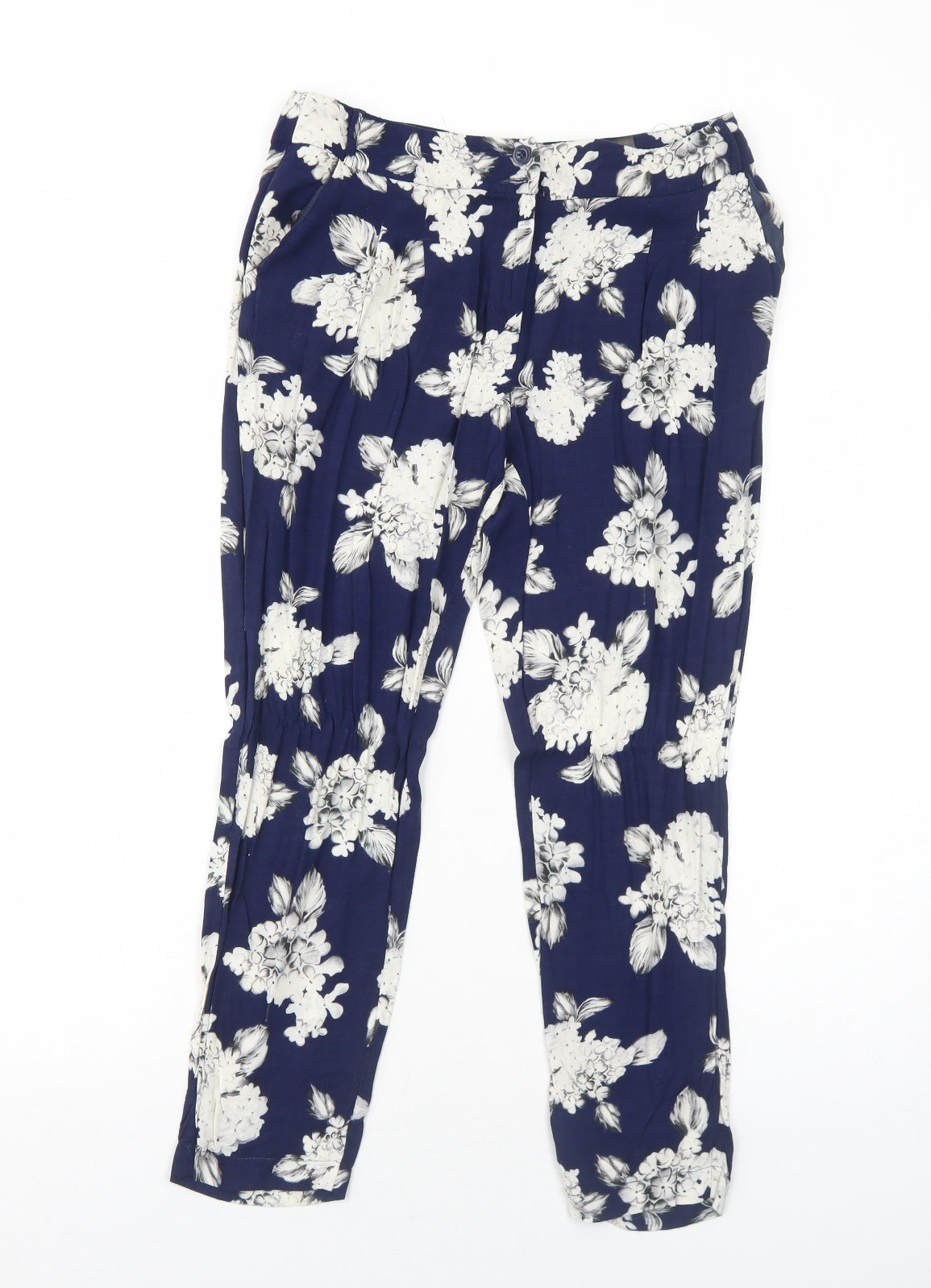 NEXT Womens Blue Floral Viscose Trousers Size 8 Regular Zip