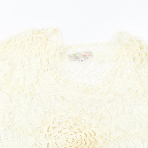 Cameo Rose Womens Ivory Floral Acrylic Basic Blouse Size M Round Neck