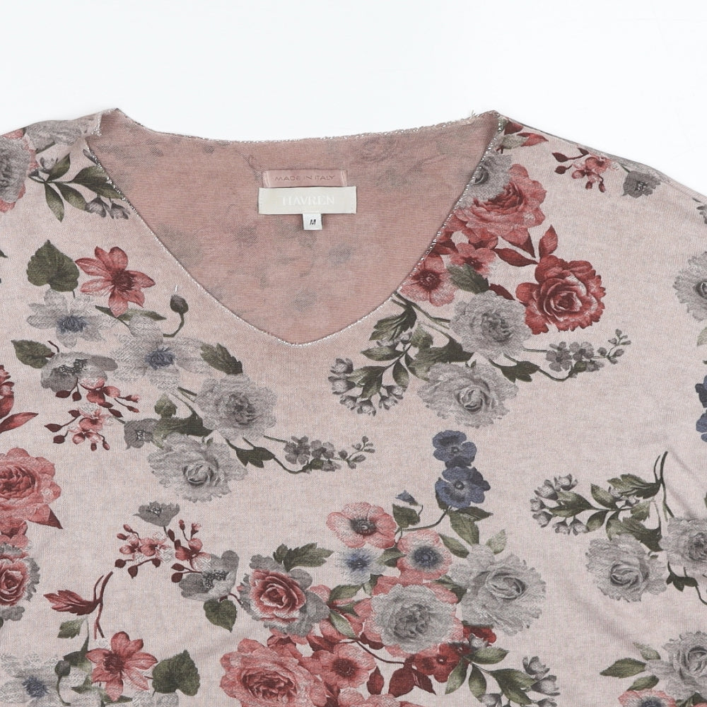 Havren Womens Beige V-Neck Floral Viscose Pullover Jumper Size M