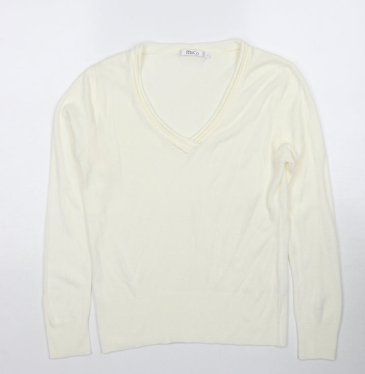 M&Co Womens Ivory V-Neck Acrylic Pullover Jumper Size L