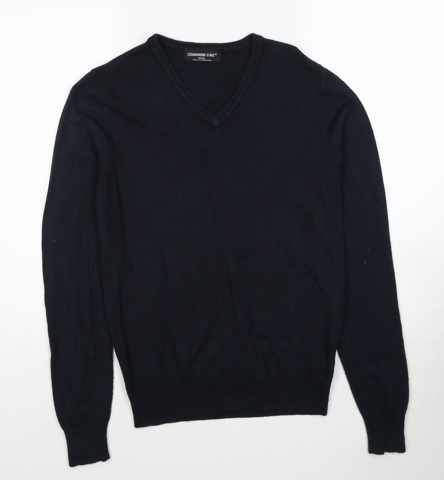 Cedar Wood State Mens Black V-Neck Acrylic Pullover Jumper Size S Long Sleeve