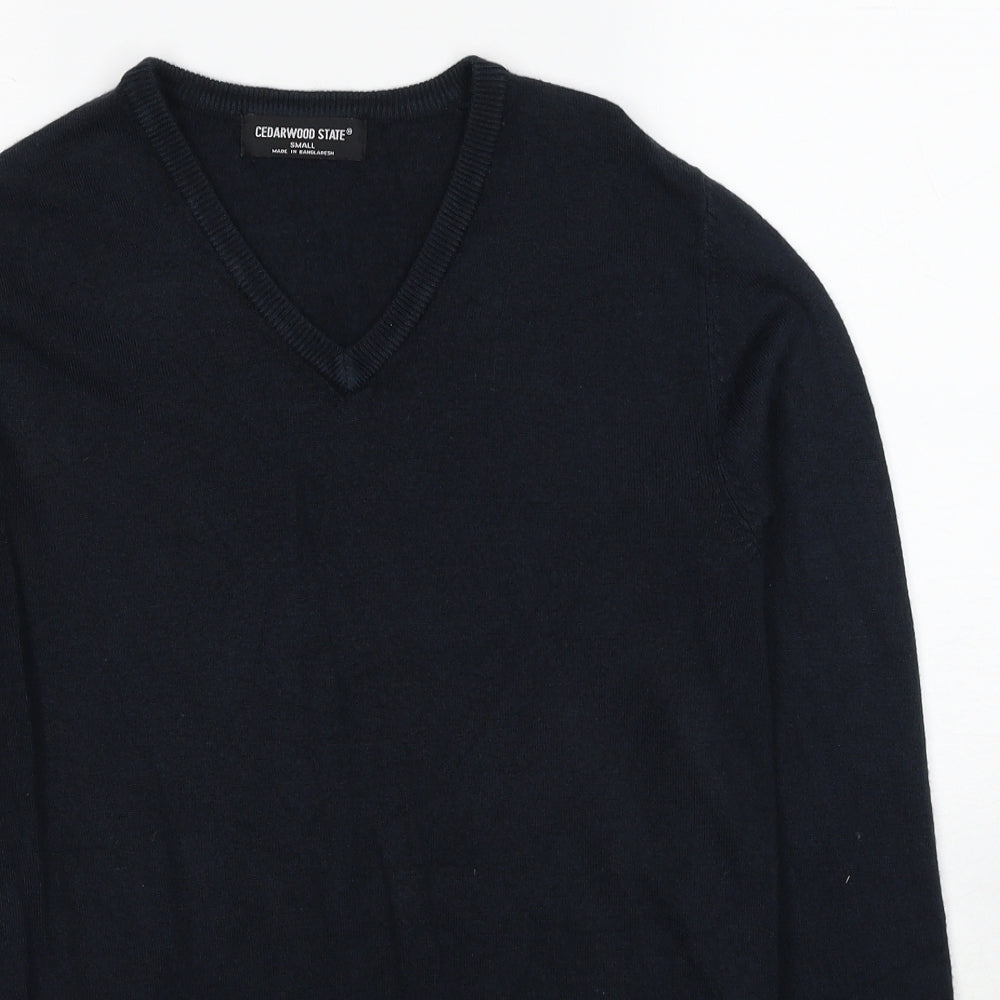 Cedar Wood State Mens Black V-Neck Acrylic Pullover Jumper Size S Long Sleeve