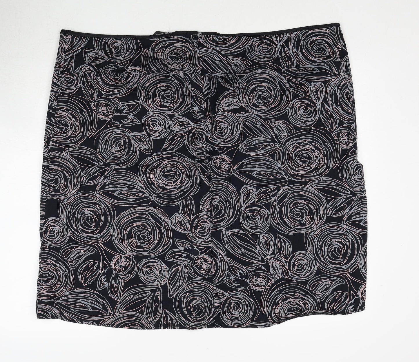 essence Womens Black Floral Cotton A-Line Skirt Size 26 Zip
