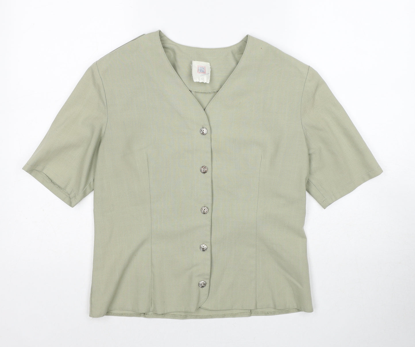 LS Collection Womens Green Polyester Basic Button-Up Size 12 V-Neck