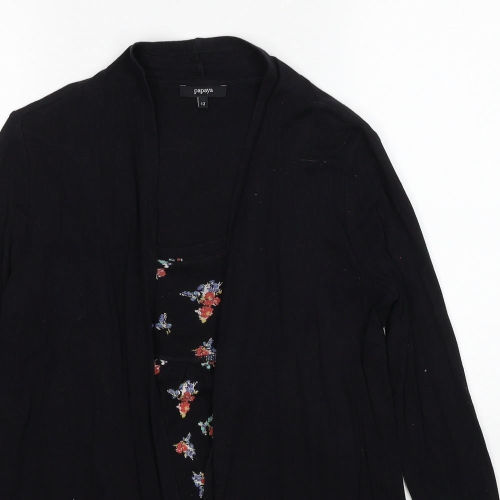 Papaya Womens Black Floral Cotton Basic Blouse Size 12 Scoop Neck - Twin Set