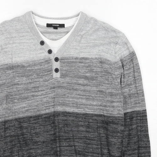 George Mens Grey V-Neck Striped Cotton Pullover Jumper Size S Long Sleeve