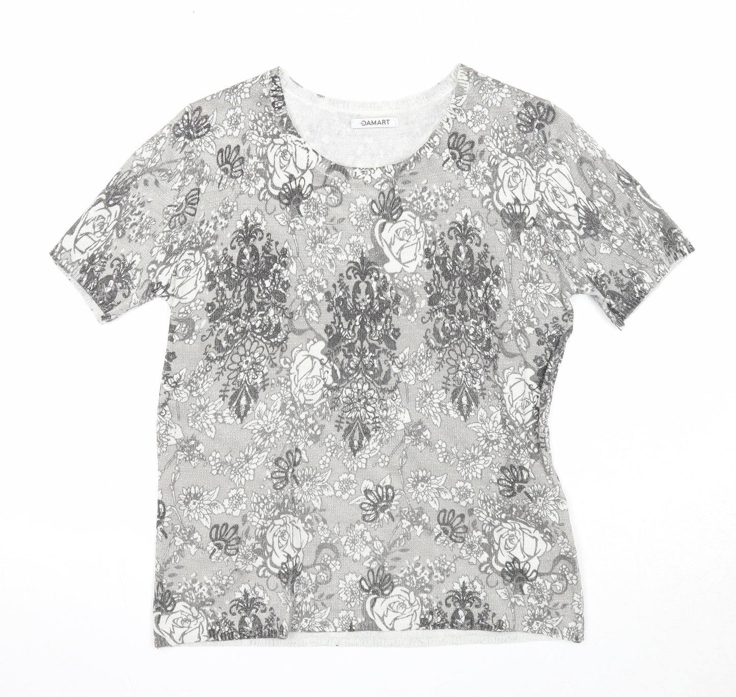 Damart Womens Grey Floral Acrylic Basic T-Shirt Size 10 Round Neck