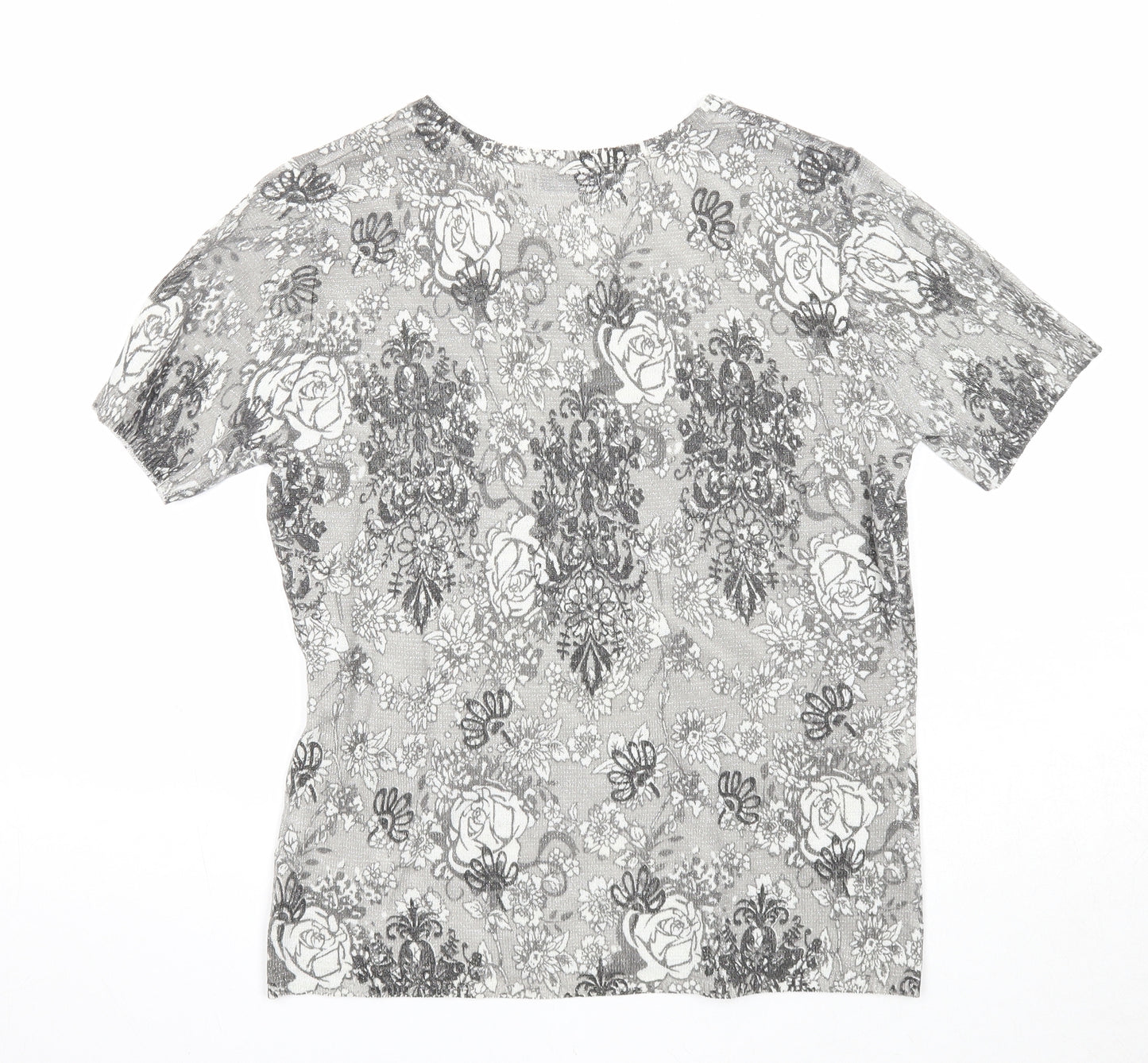 Damart Womens Grey Floral Acrylic Basic T-Shirt Size 10 Round Neck