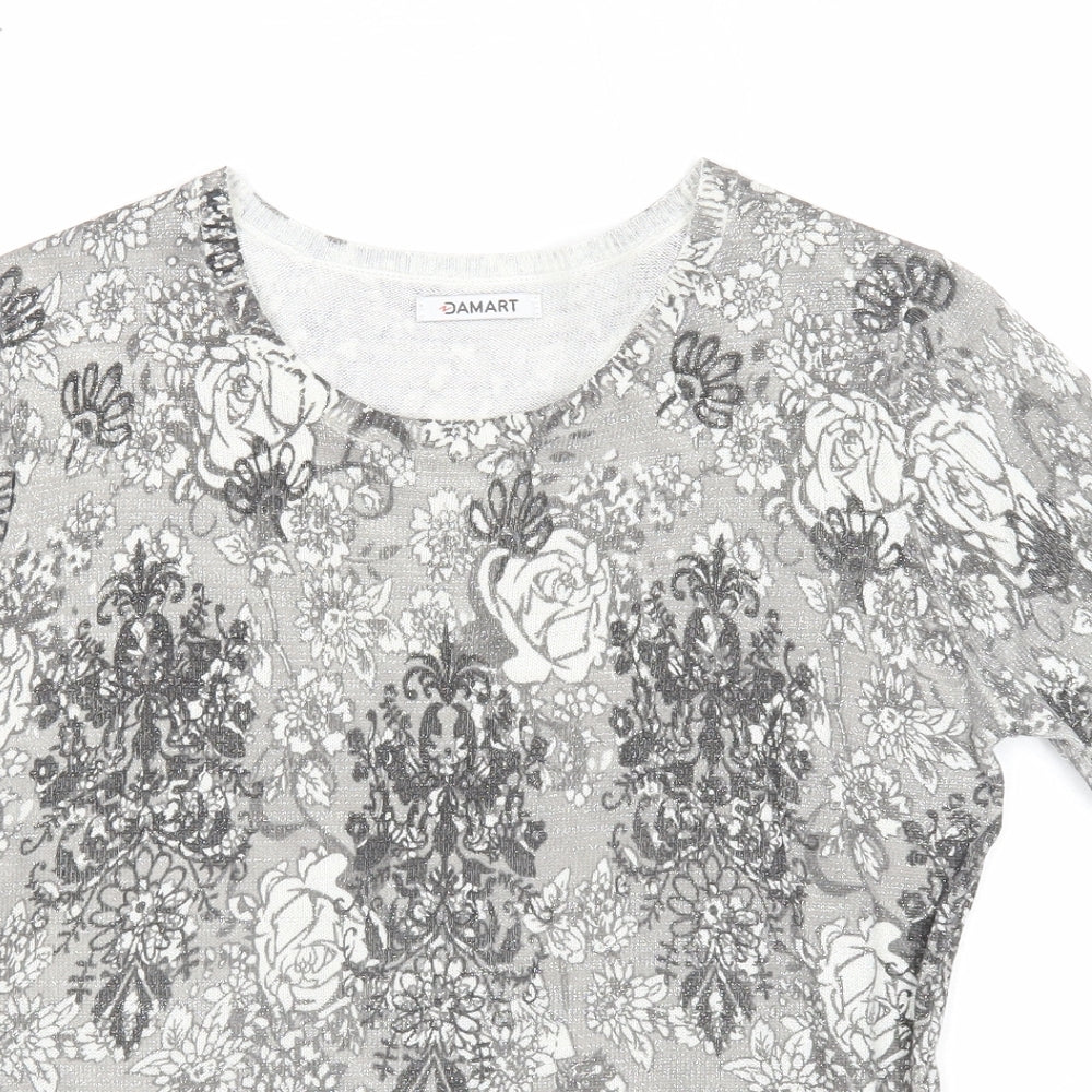 Damart Womens Grey Floral Acrylic Basic T-Shirt Size 10 Round Neck