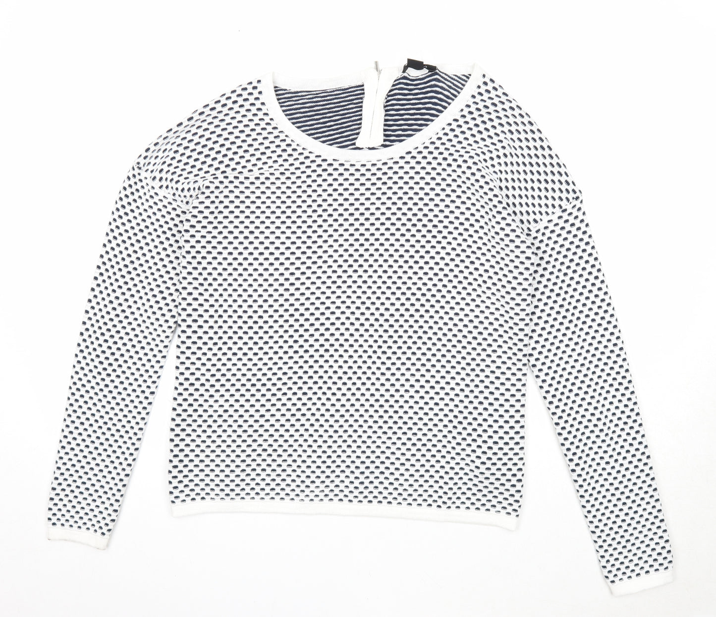 ESMARA Womens White Round Neck Geometric Cotton Pullover Jumper Size 10