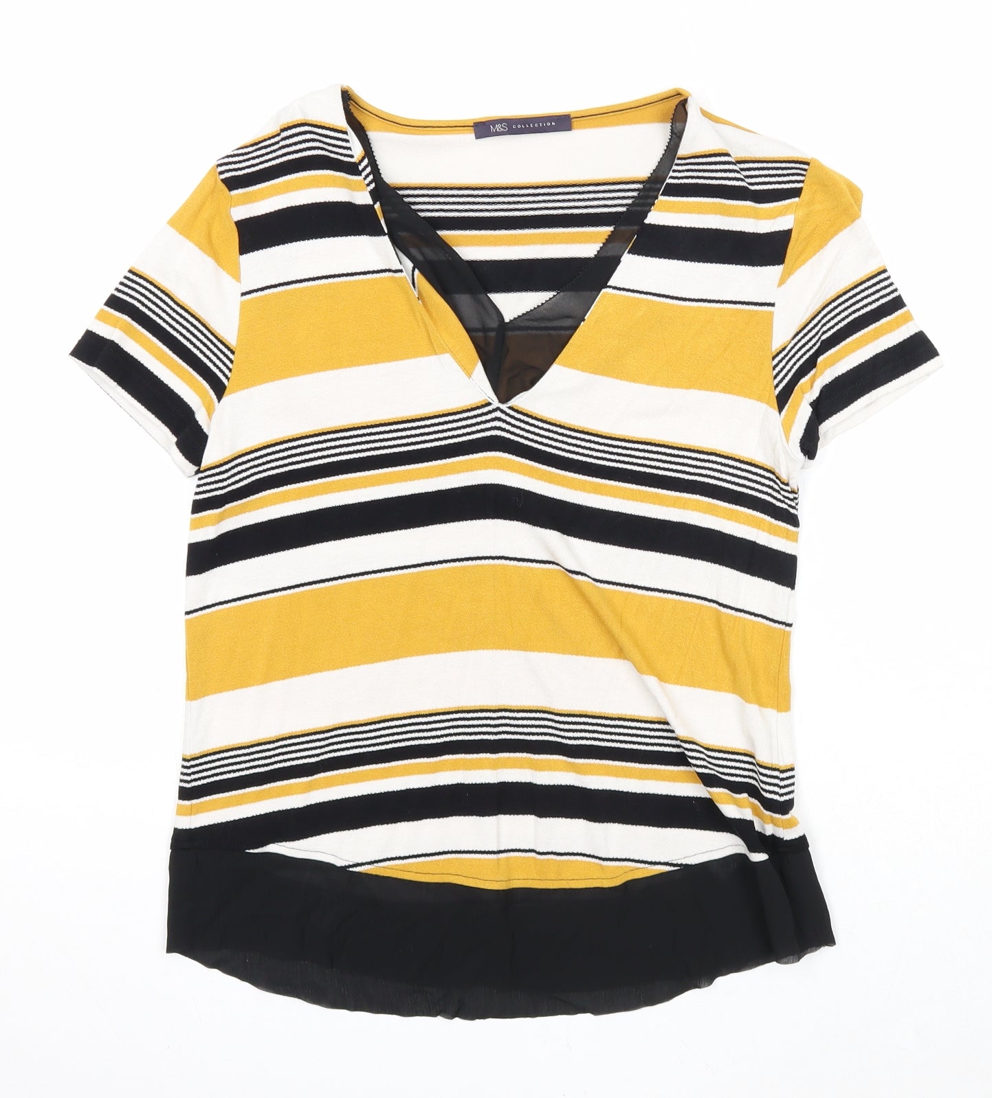 Marks and Spencer Womens Multicoloured Striped Polyester Basic T-Shirt Size 6 V-Neck