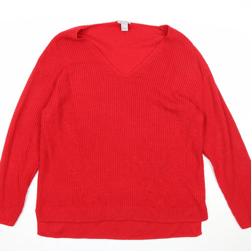 H&M Womens Red V-Neck Acrylic Pullover Jumper Size L