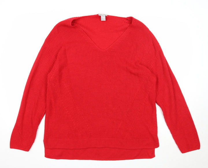 H&M Womens Red V-Neck Acrylic Pullover Jumper Size L