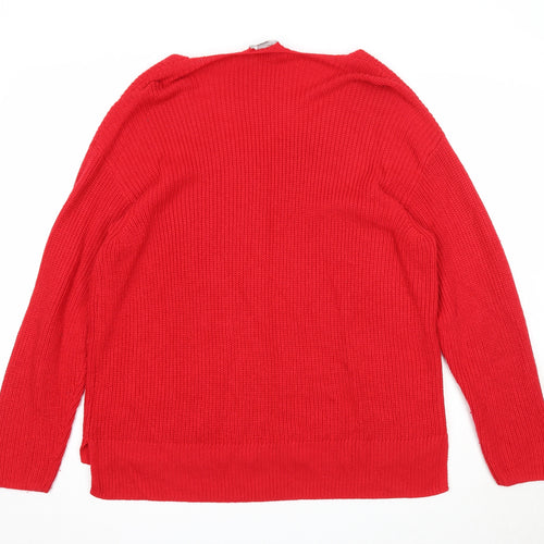 H&M Womens Red V-Neck Acrylic Pullover Jumper Size L