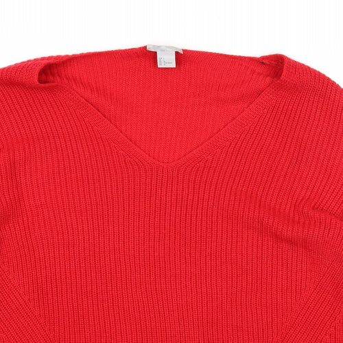 H&M Womens Red V-Neck Acrylic Pullover Jumper Size L