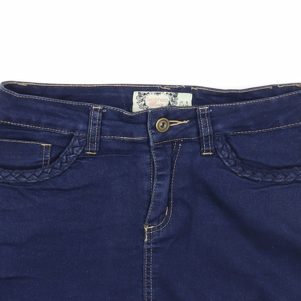 Boohoo Womens Blue Cotton A-Line Skirt Size 8 Zip